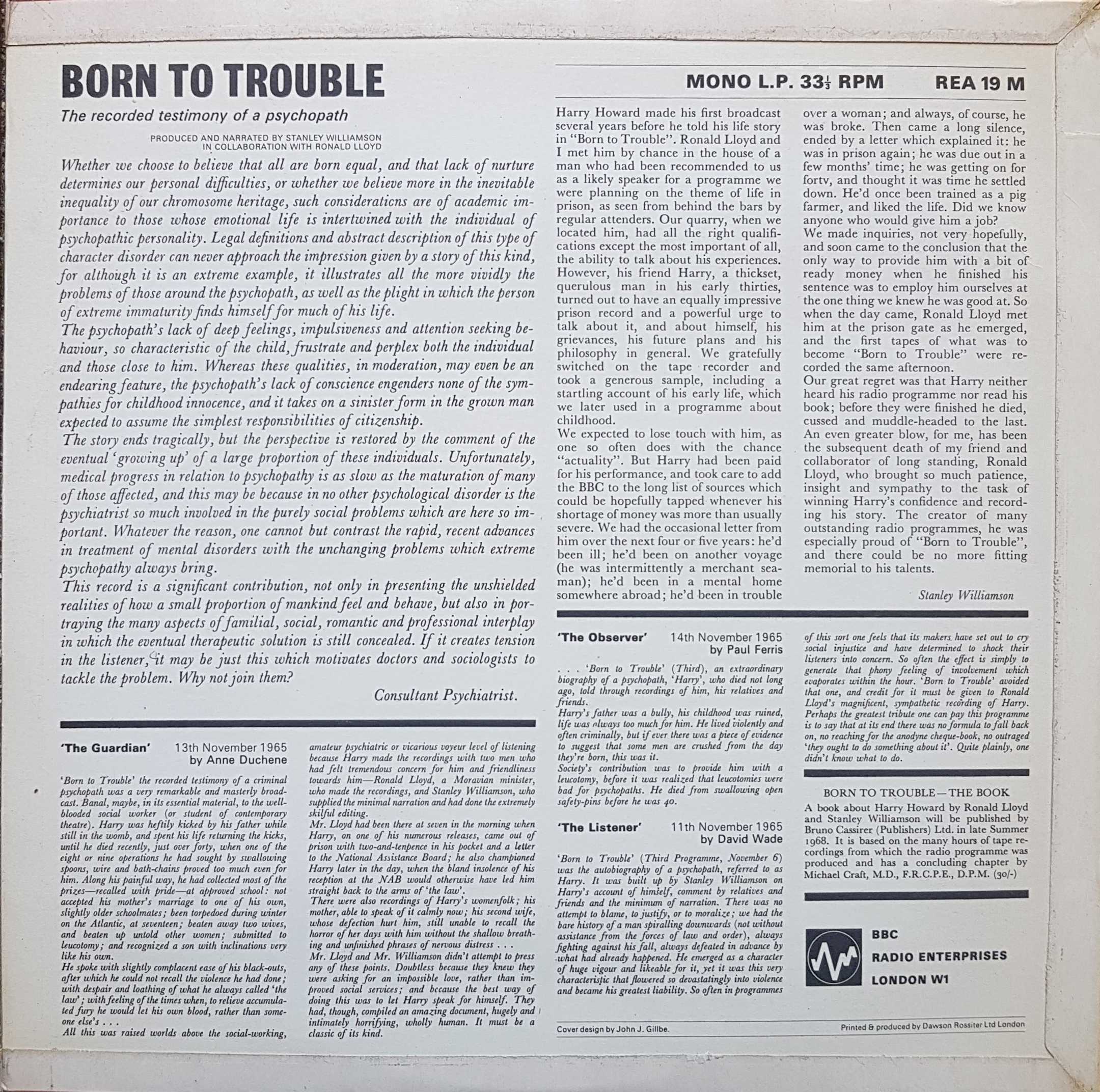 Picture of REA 19 Born to trouble: The recorded testimony of a psychopath by artist Stanley Williamson / Ronald Lloyd from the BBC records and Tapes library